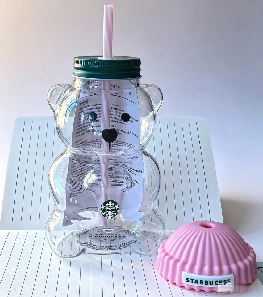 Starbucks Bearista Pink Bear Glass Tumbler 20oz 591ml with Straw