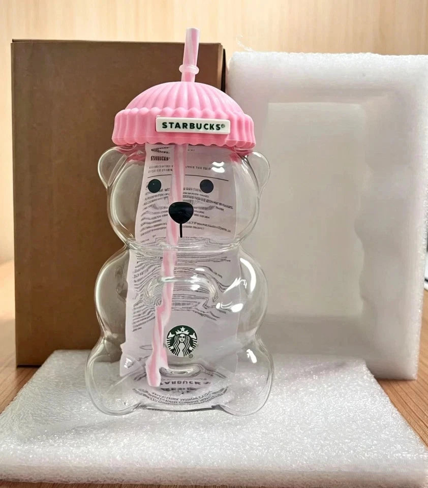 Starbucks Bearista Pink Bear Glass Tumbler 20oz 591ml with Straw