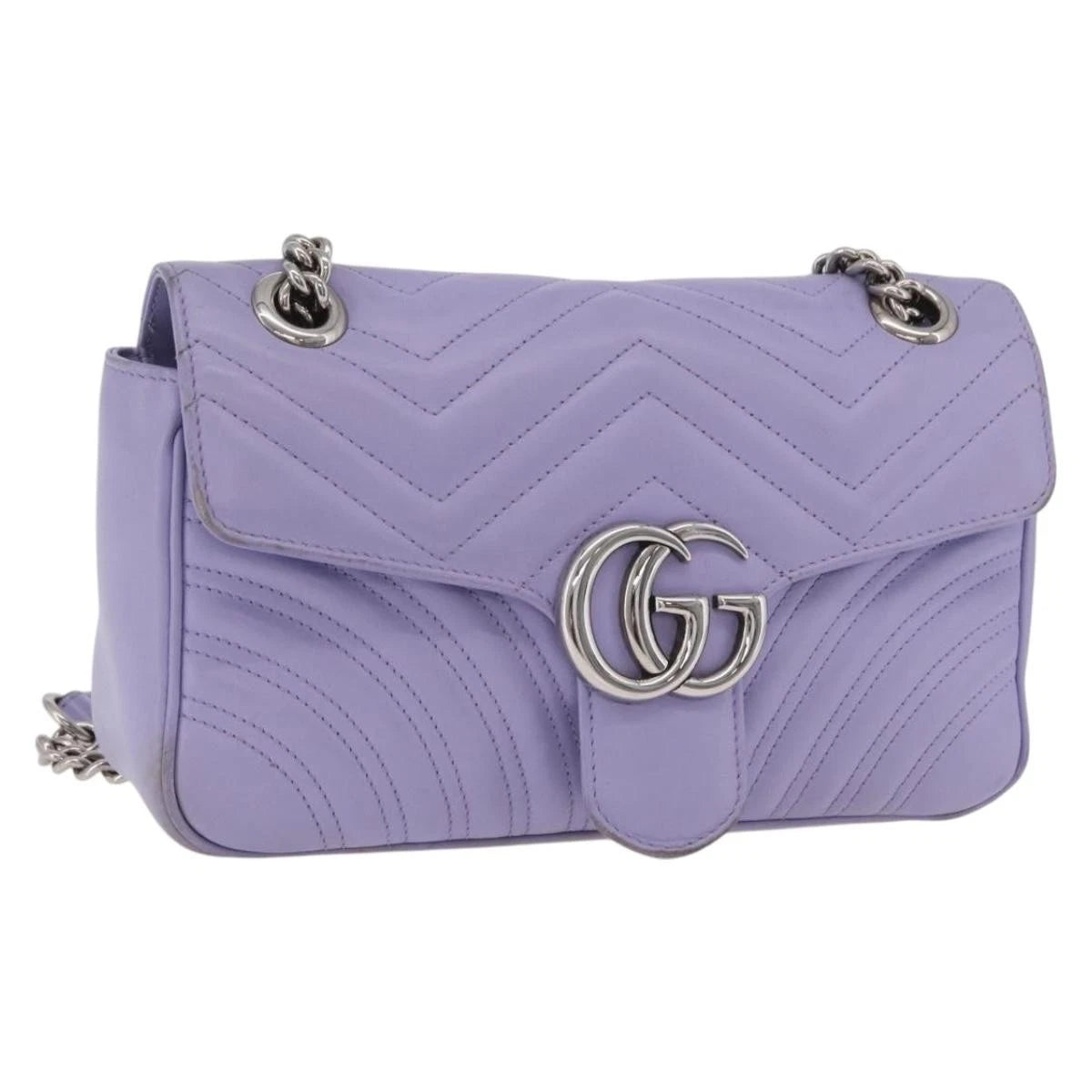 Gucci GG Marmont Chain Shoulder Bag Leather Purple Silver 443497