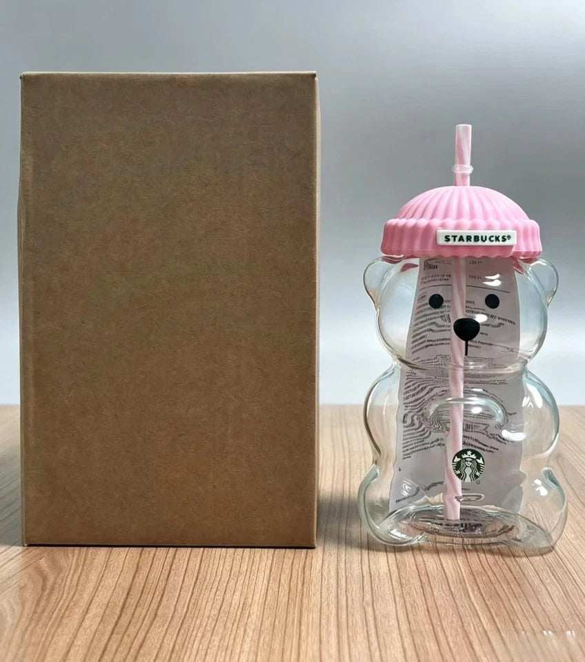 Starbucks Bearista Pink Bear Glass Tumbler 20oz 591ml with Straw