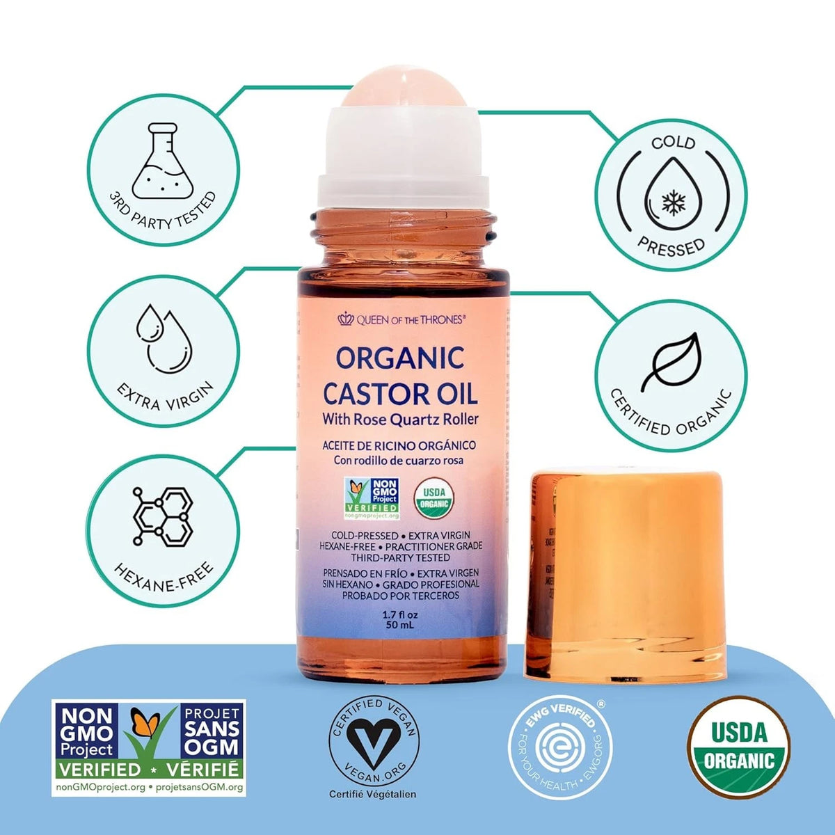 Queen of the Thrones Organic Golden Castor Oil Roll-On with Rose Quartz – 100% Pure